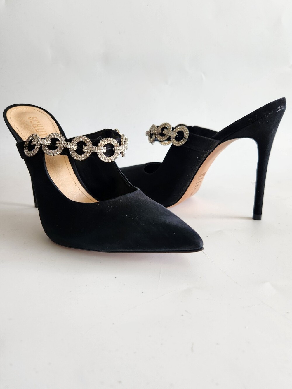 Schutz Elisah Nubuck Dress Mules Heels Rhinestone Embellished Size 8.5